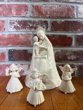 Ivory Ceramic Madonna & Three Angel Hummel Figurine Set